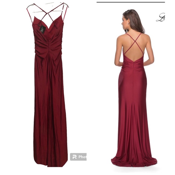 NWT La Femme Ling Crisscross Strapped High Slit Gown Burgundy Size 2 - Picture 4 of 12